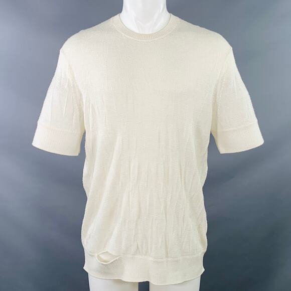 HELMUT LANG S Cream Ivory Knit Merino Wool Blend Crushed Short Sleeve T-shirt - Picture 1 of 6